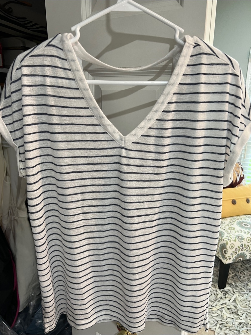 LOFT White and Navy Striped V-Neck Short Sleeve Tee with cutout V-back